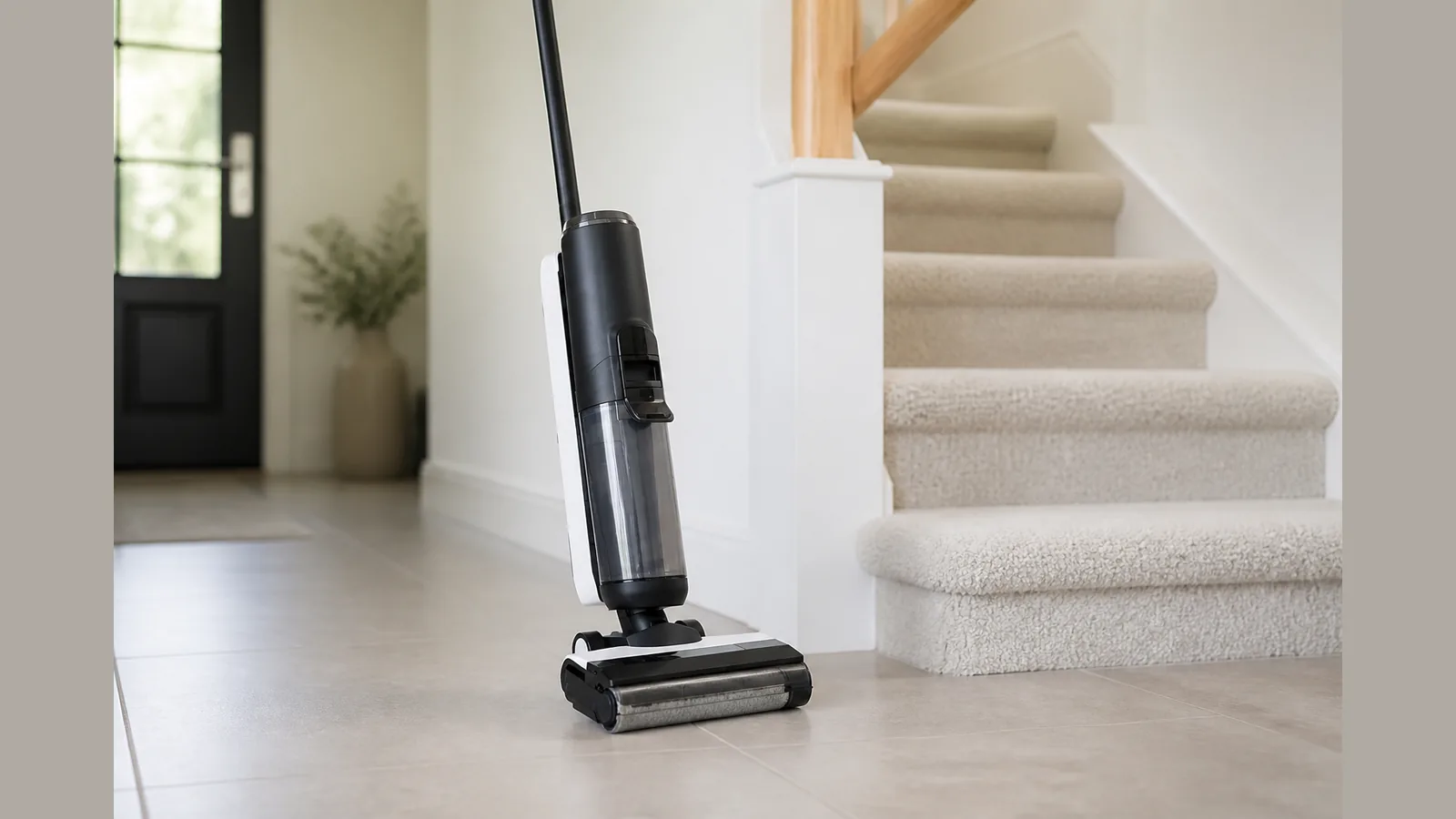 Vacuum mop on a sealed hallway floor with carpeted stairs visible in the background