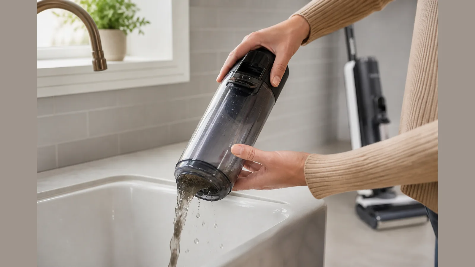 Person emptying a wet-dry vacuum dirty water tank into a UK kitchen sink