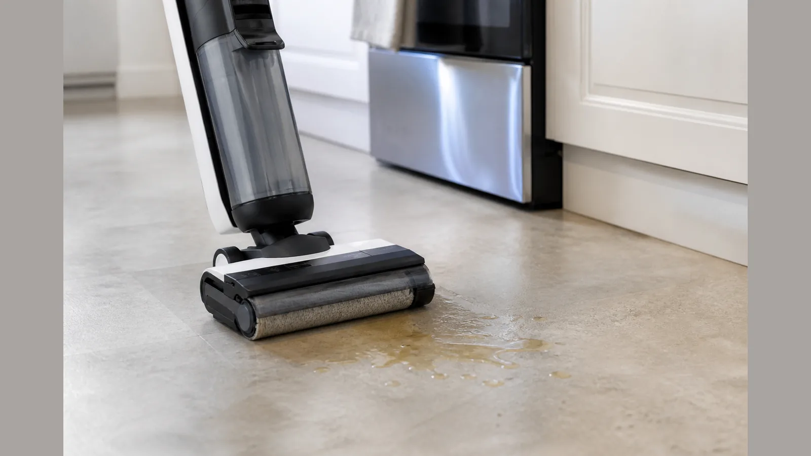 Wet-dry hard floor cleaner approaching a small cooking oil spill on a sealed kitchen floor