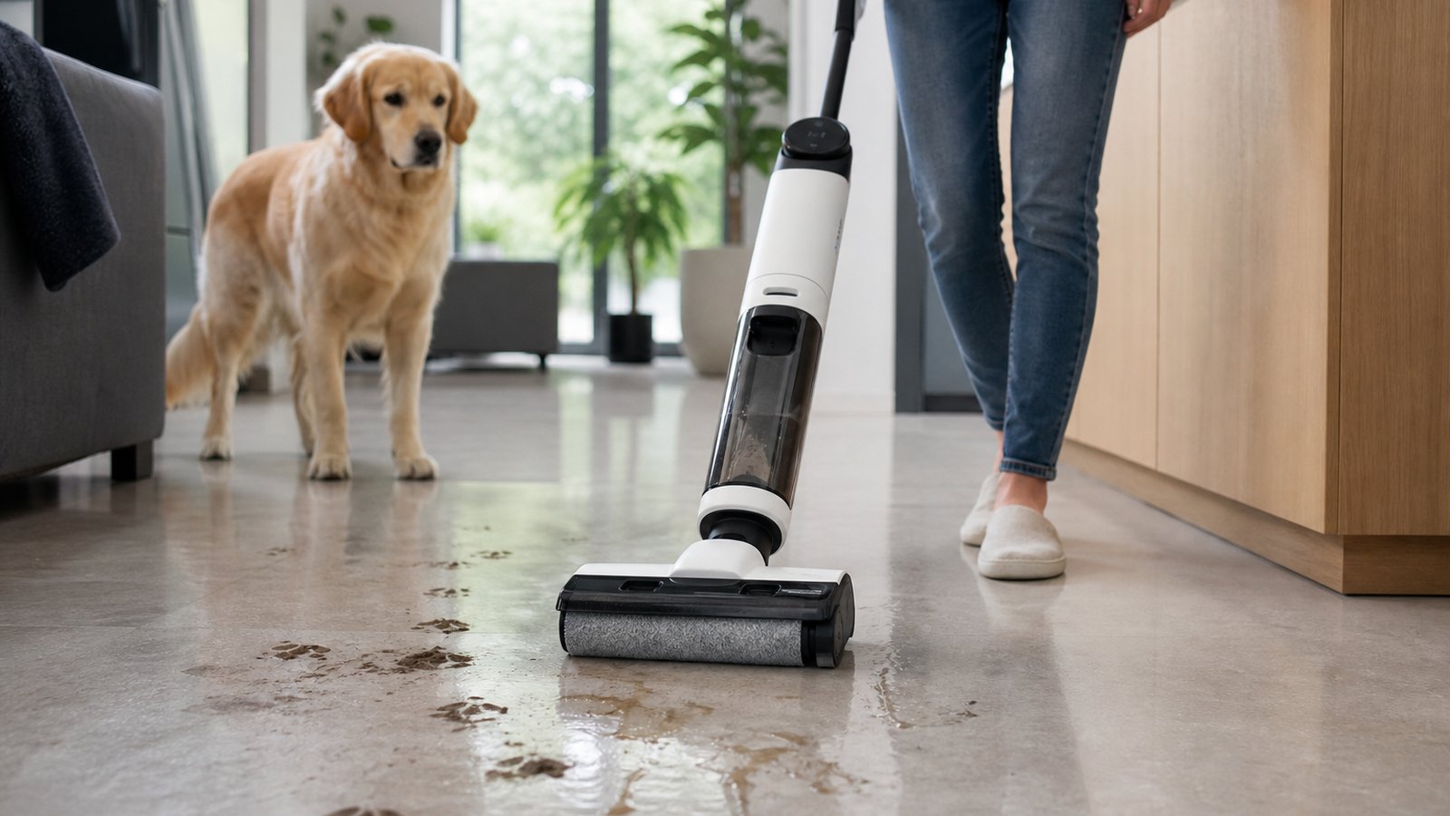wet dry hard-floor cleaner in a clean UK lifestyle scene