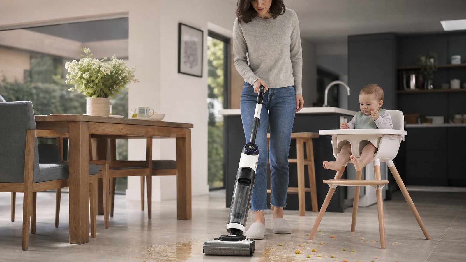 wet dry hard-floor cleaner in a clean UK lifestyle scene