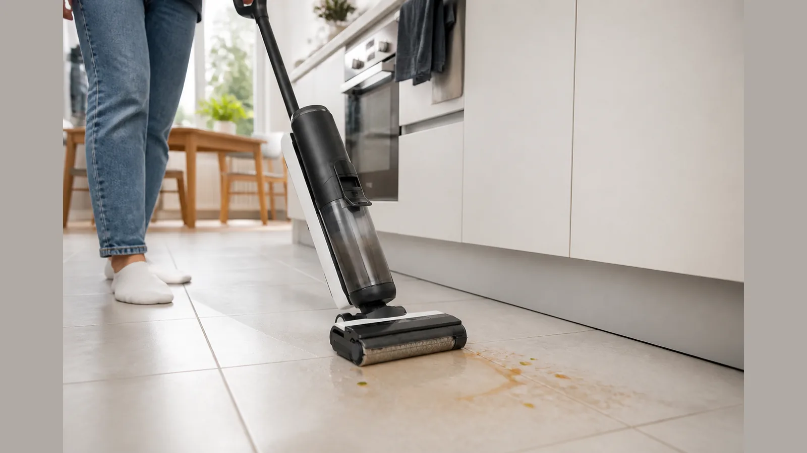 Vacuum mop cleaning sealed ceramic tiles in a UK kitchen