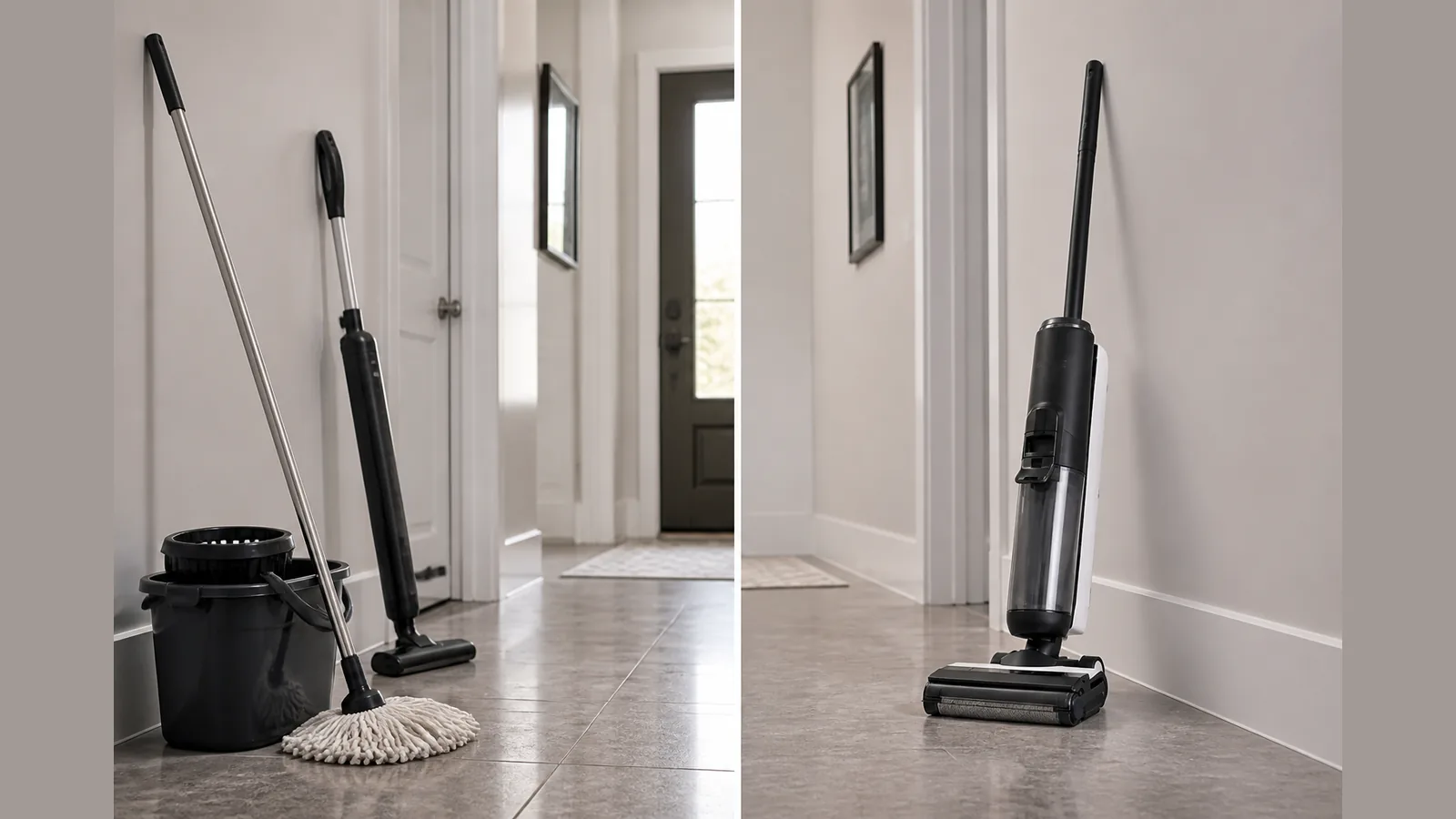 Comparison of separate mop and vacuum tools versus a single vacuum mop on a UK hallway floor